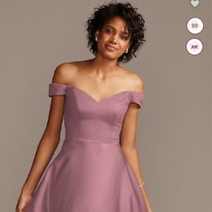 David's Bridal off-the-shoulder satin A-line bridesmaid dress in quartz